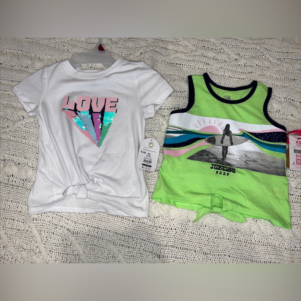 Girls 2 piece Shirt “love” sequin heart shirt and Surf Justice Tye Tank size XS